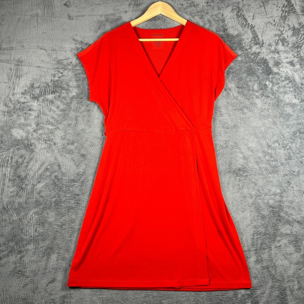 Nine West Faux Wrap Dress Womens Large Red V Neck Short Sleeve Party Mini Dress